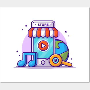 Mobile Music Shop with Note Cartoon Vector Icon Illustration Posters and Art